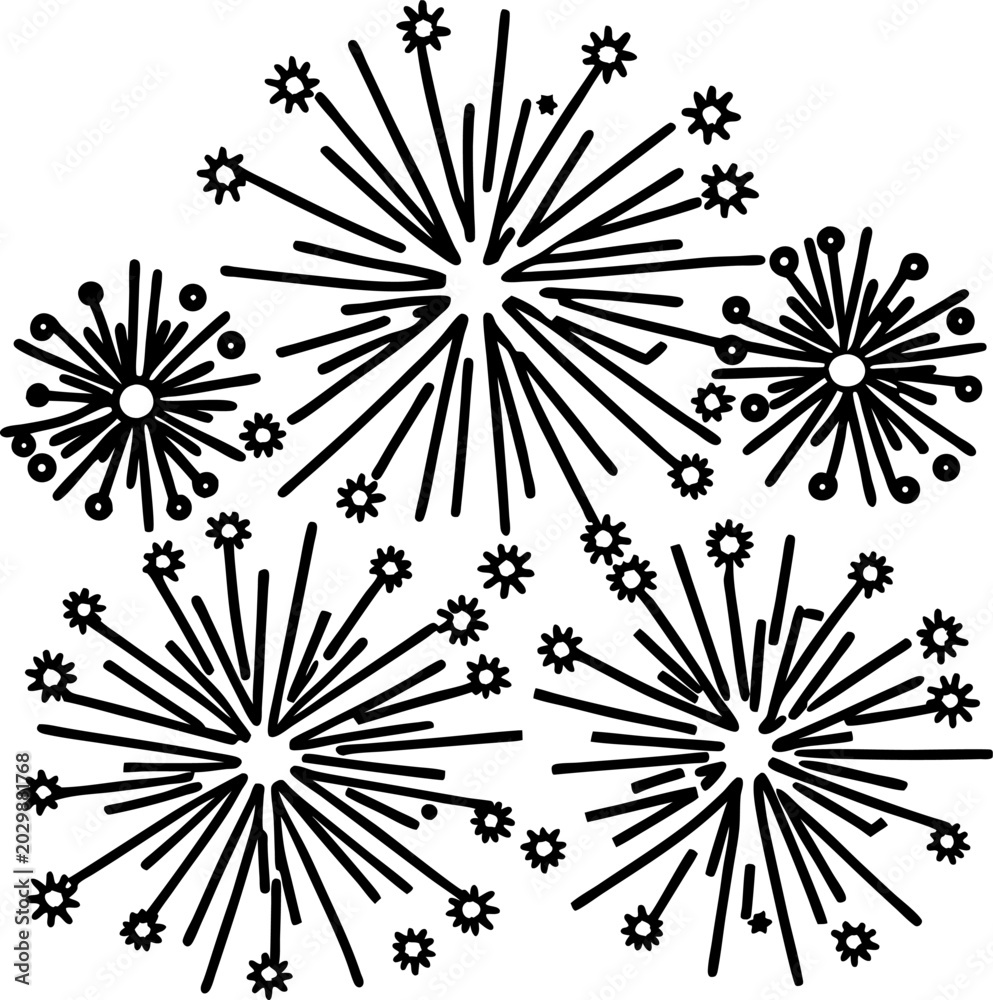 Obraz premium doodle firework bursts illustration hand drawn fireworks with star shapes exploding in the sky