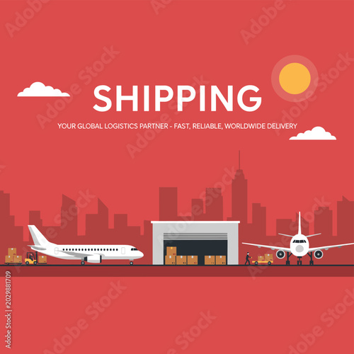Shipping and logistics concept with airplanes and warehouse on a red background, with clouds
