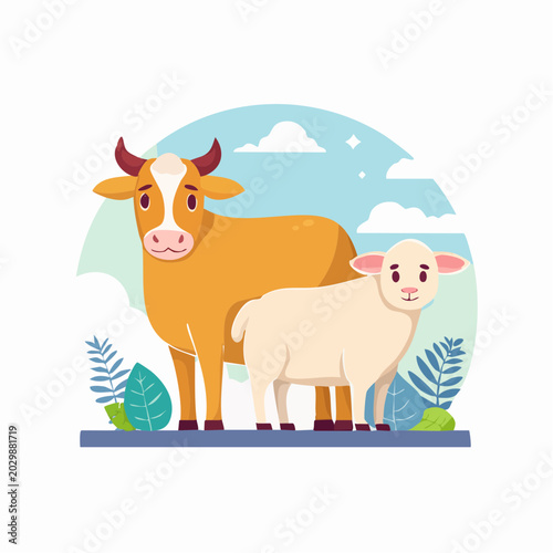 A cute cartoon illustration of a brown cow and a white lamb standing together in a natural setting with a blue sky and green plants.