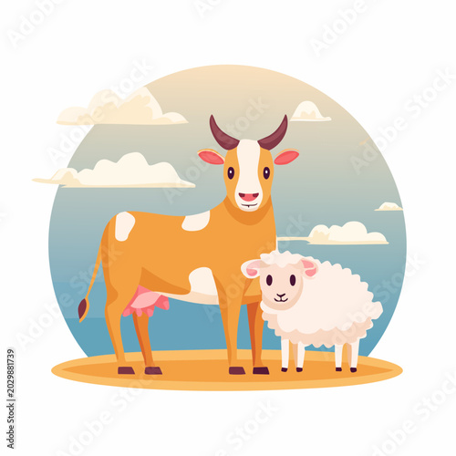 A cartoon illustration of a friendly brown and white cow with a white sheep standing together on a grassy field under a cloudy sky.