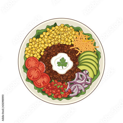 View of a healthy taco salad bowl with beans, corn, avocado, tomatoes, and red onion