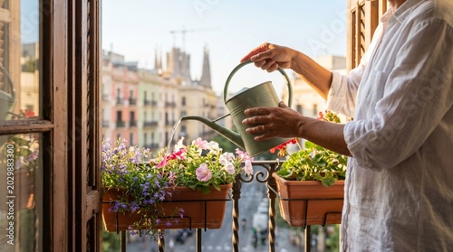 Person watering mixed garden - Woman watering flowers in balcony pots during sunny day  