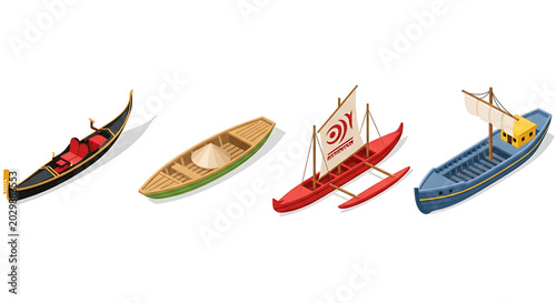 Set of various traditional boats including gondola, sampan, outrigger canoe and dhow