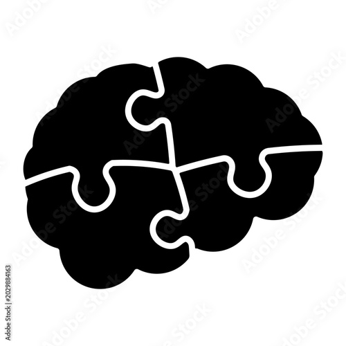 Black brain icon made of four puzzle pieces, representing problem-solving, intelligence, or cognitive processes.