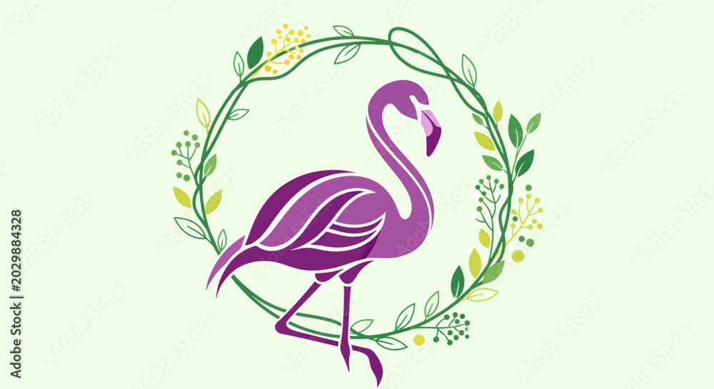 Obraz premium A vibrant purple flamingo surrounded by a lush green floral wreath on a light green background with yellow flowers.