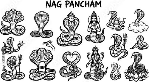 Bild auf Leinwand Nag Pancham: Set of Hindu Cobra Snake Icons and Deity Line Art for Religious Fes