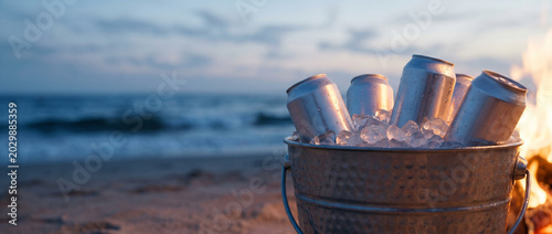 Chilled cans of beer in bucket on sandy beach at sunset  
