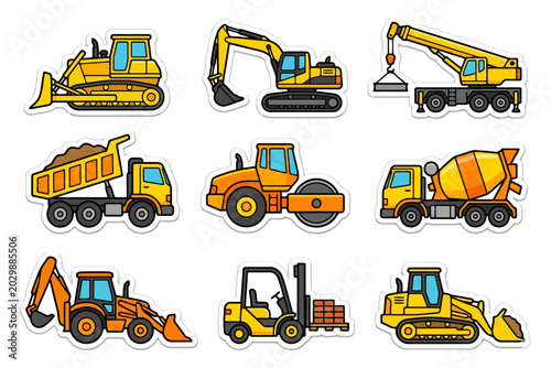 Cartoon construction vehicles collection with bulldozer, excavator, and crane.