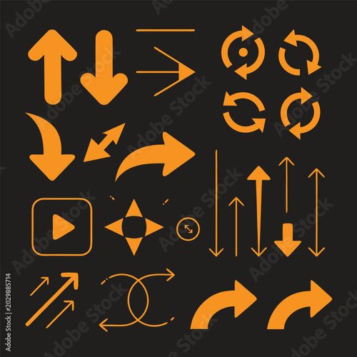 Orange arrow icons set directional symbols on black background