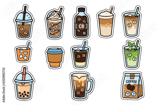 Assorted cold beverage stickers: iced coffee, bubble tea, milkshake, green tea icons.