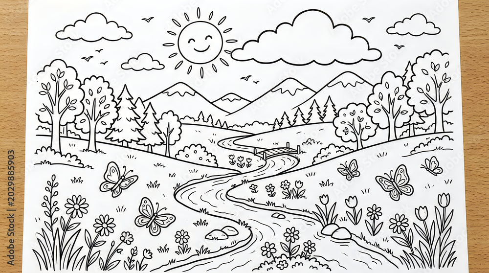 Fototapeta premium Colorful vector illustration of a smiling sun and happy children playing in a park with trees and clouds