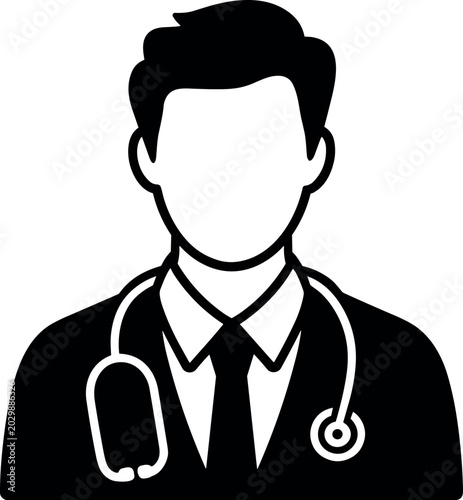 Male Doctor Silhouette with Stethoscope Bold Outline – Black Flat Design Medical Professional Vector Illustration