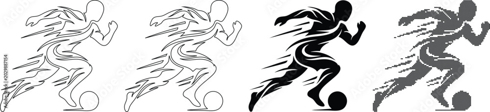 Obraz premium Dynamic soccer player running with ball depicted in outline solid and halftone dot styles isolated on gray background.