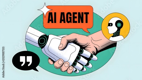 Robotic Hand Shaking Human Hand for AI Agent Partnership Concept