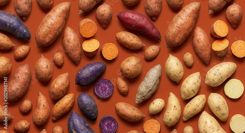Diverse Sweet Potato Assortment with Vibrant Colors on Brown Background in Overhead Still Life Studio Shot