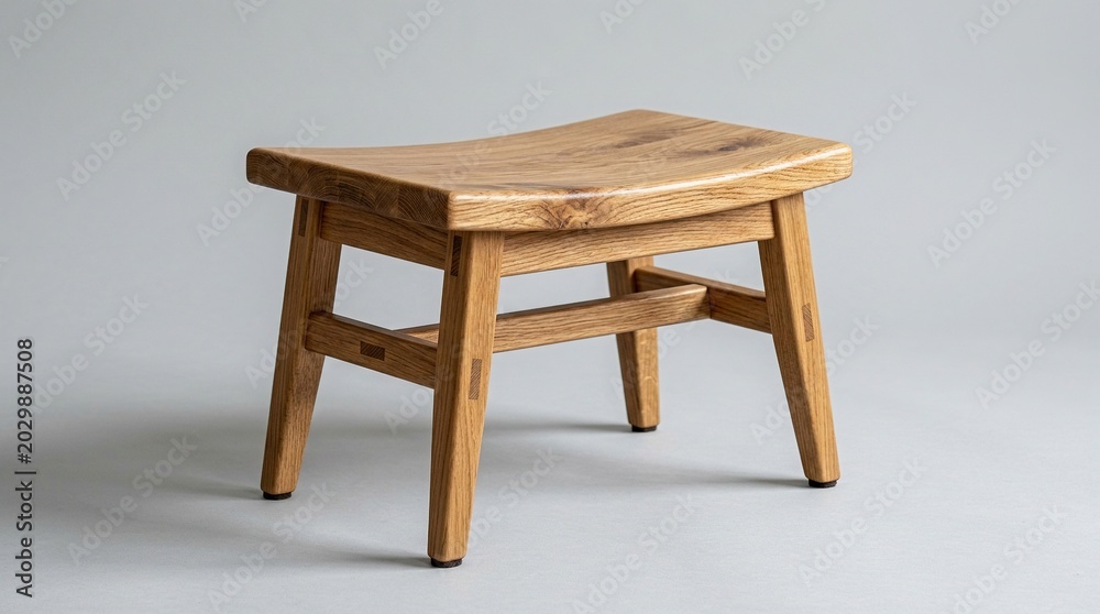 Fototapeta premium Small solid oak footstool with curved seat and tapered legs isolated on gray background featuring traditional woodworking joinery for comfortable ergonomic seating.