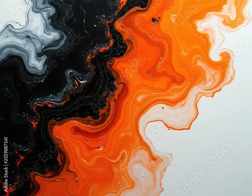 Panel kuchenny z motywem Abstract fluid art painting with flowing black white and orange colors. Swirling patterns create a dynamic marbled texture. Modern art background.