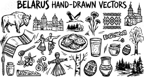 Schilderij op canvas Belarus Hand-Drawn Vectors: Traditional Cultural Symbols, National Landmarks  Na