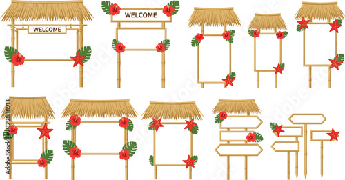 Tableau sur toile Tropical bamboo frame gate set with straw thatched roof blank welcome signs hibi