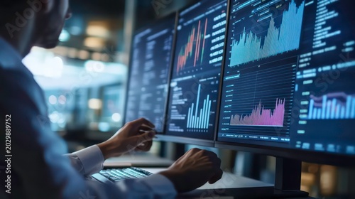 Business analysts use computers and dashboards for data business analysis and Data Management Systems with KPIs and metrics connected to the database for technology finance, operations, sales