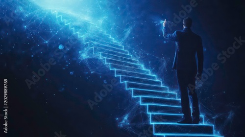 Businessman drawing a staircase with his hand on a dark blue background, a concept of business growth and success in sales or human resources