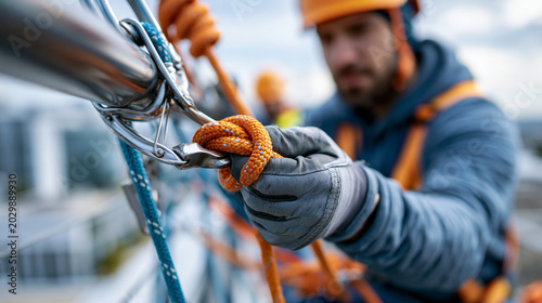 Professional fall arrest safety training on a rooftop with a worker harness as an instructor checks equipment for risk prevention