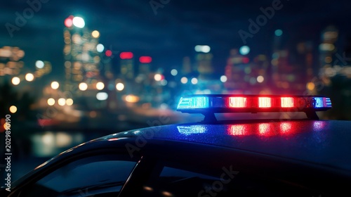Blue and red light flasher atop of a police car. City lights on the background