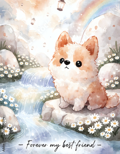 Corgi Watercolor Pet Memorial Illustration with Waterfall and Lanterns