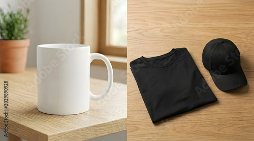Blank white ceramic mug and black t-shirt with baseball cap on wooden table.