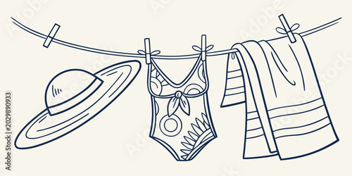 Bild auf Leinwand Line art drawing of summer beachwear drying on clothesline
