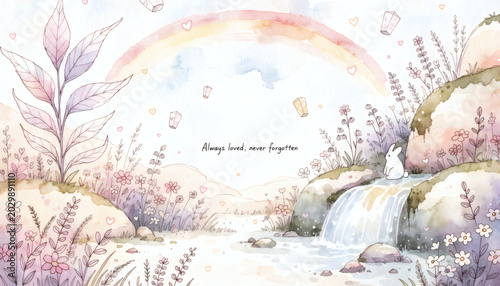 Watercolor Bunny Pet Memorial with Rainbow Waterfall Scene