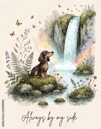 Dachshund Watercolor Pet Remembrance Illustration with Waterfall