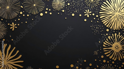 Card or banner for a happy new year in gold on a black background with fireworks.