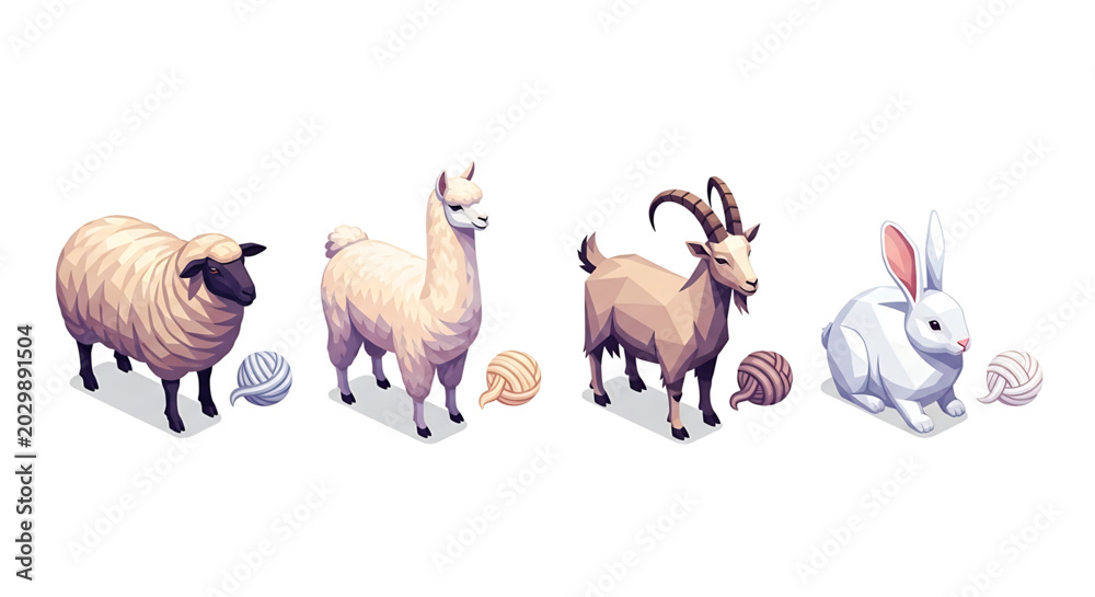 Fototapeta premium Set of farm animals including sheep, llama, goat, and rabbit with yarn balls