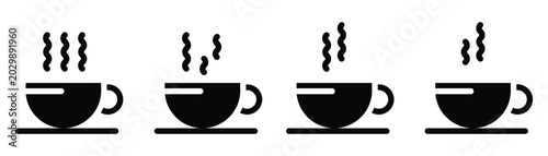 Minimalist black outline vector icons depicting steaming hot coffee or tea cups on saucers representing warm drinks and beverages in various stages of hotness