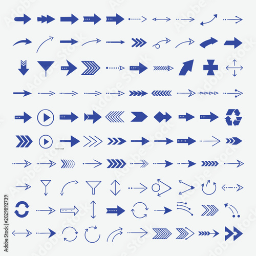 Collection of blue arrow icons with various styles and directions