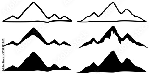 Foto Set of imaginary mountain image designs in silhouette and outline form, isolated