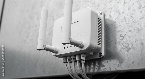 Industrial wireless router features four antennas and connected network cables on a metallic surface with sharp focus. Ideal for network infrastructure marketing.