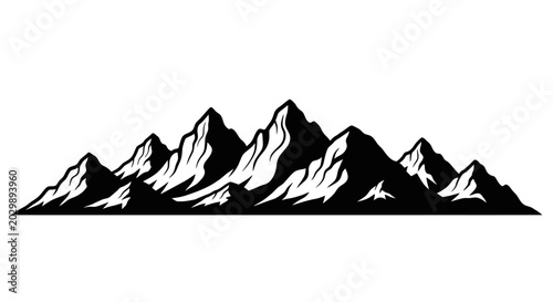 Фотография Snowy mountain range silhouette with rugged peaks and white highlights on black