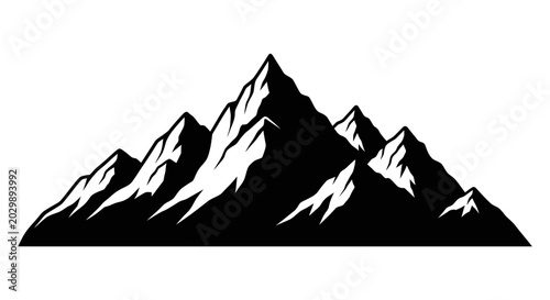 Fotografi Majestic mountain range silhouette with snow capped peaks on white background
