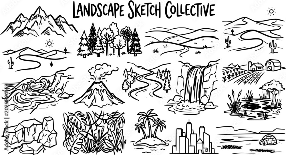Obraz premium Black and White Line Art Landscape Sketch Collective Vector Illustrations Set