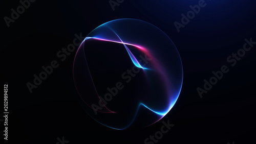 Futuristic magenta cyan glowing ring with flowing wave lines, dark minimal space and soft neon motion for abstract technology, music and sci-fi visuals.