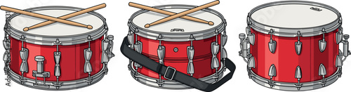 Photos Red Snare Drum Vector Set Featuring Marching Drums with Wooden Drumsticks and Bl