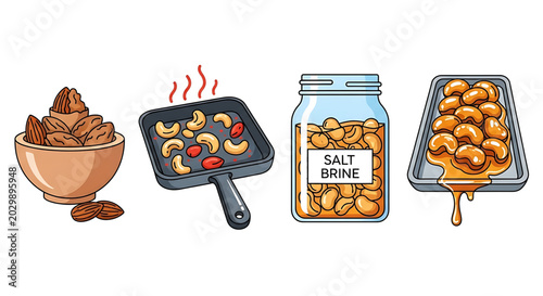 Set of icons showing the process of preparing roasted nuts and snacks