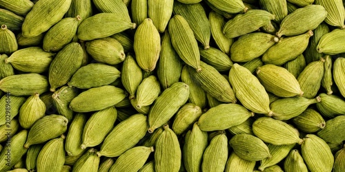 Green cardamom pods arranged closely together in a pile, natural spice background.