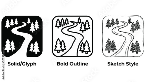 Obraz na płótnie River Landscape with Trees Icon Set - Solid, Outline, and Hand Drawn Styles