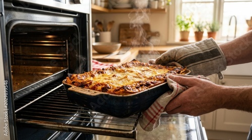 Lasanha, Removing a golden-brown lasagna from a hot oven with tomato sauce, comfort food