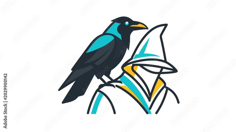 Fototapeta premium Creative colorful line vector illustration of a wizard mage with a raven crow perched on shoulder, fantasy magic character icon with editable stroke, adjustable line weight, customizable design.