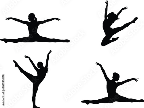 Fotografía Dancer Silhouettes Collection Showing Graceful Ballet Jumps Splits and Elegant P