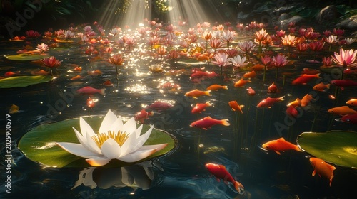 Sunlight illuminates a lily pond teeming with flowers and fish